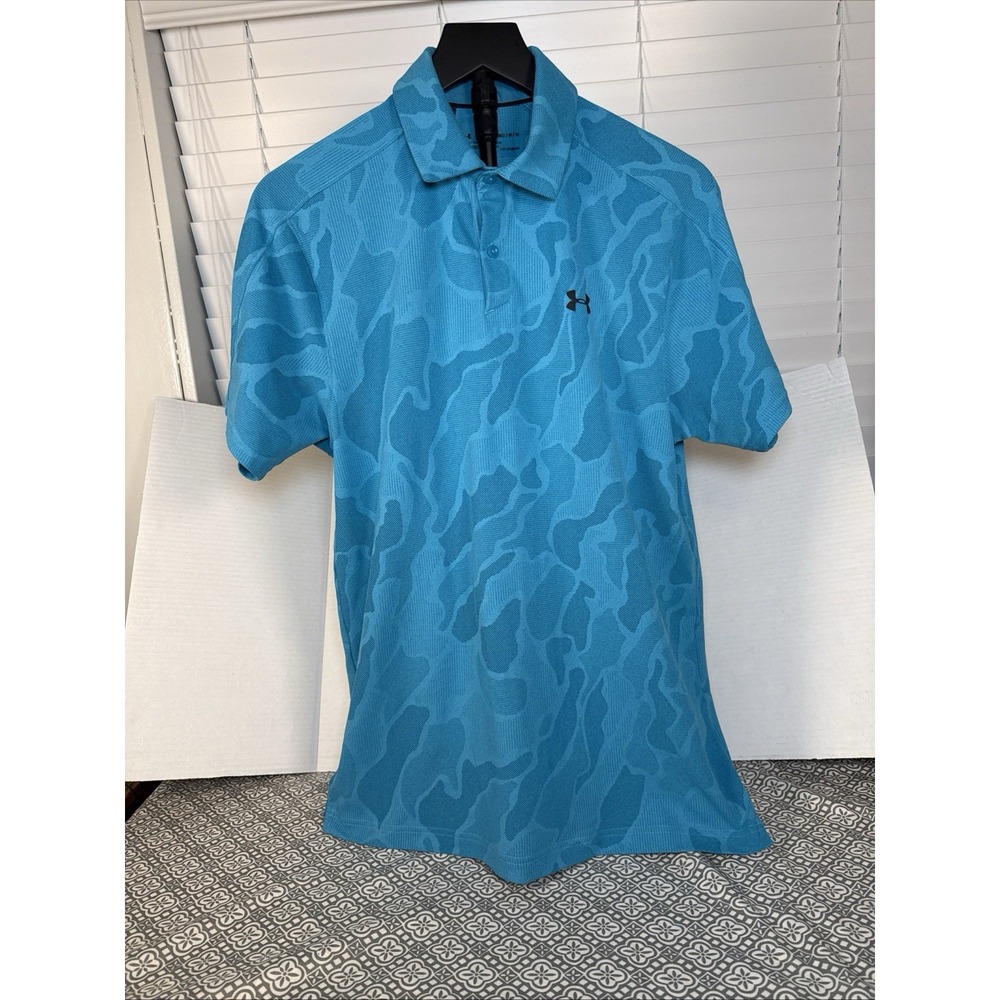 Under Armour Golf Polo Shirt Mens Medium Aqua Blue Camo HeatGear Loose